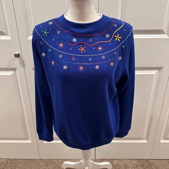 Royal blue Koret Sweater embroidered with flowers and other designs size medium - Picture 1 of 2